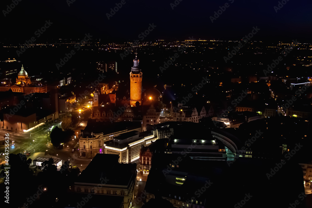 Panorama Leipzig ( Saxony, Germany) at night. Horizontal image.