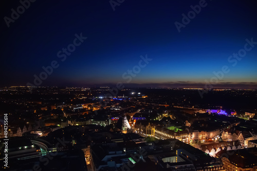 Panorama Leipzig ( Saxony, Germany) at night. Horizontal image. Copy space.