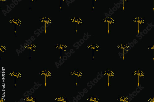 Seamless pattern with gold dandelion and flying seeds. Spring wild flower. Vintage Art Deco style vector illustration