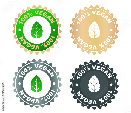 100% vegan sign, icon, logo. Plant-based product label. Set of leafy round stamps.
