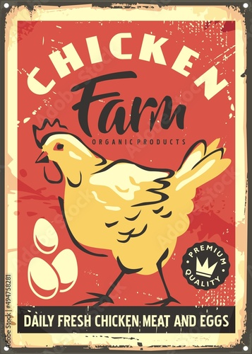 Chicken farm retro sign template with yellow chicken and eggs on old red background. Vintage vector billboard layout.