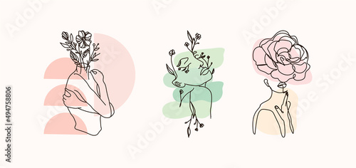 Modern abstract line minimalistic women faces arts set with different shapes for wall decoration, postcard or brochure cover design. Different woman faces. One line art. Vector illustrations design