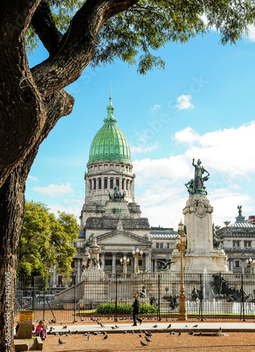 cupula de congreso argentino en dia soleado con arboles y palomas