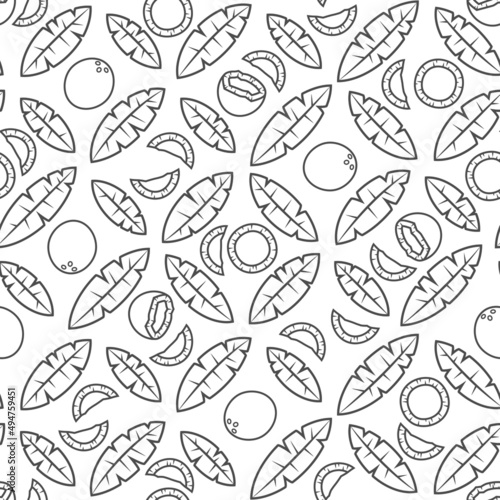 Seamless pattern with black and white palm leaves and coconuts. Tropical vector background with isolated objects on white background.