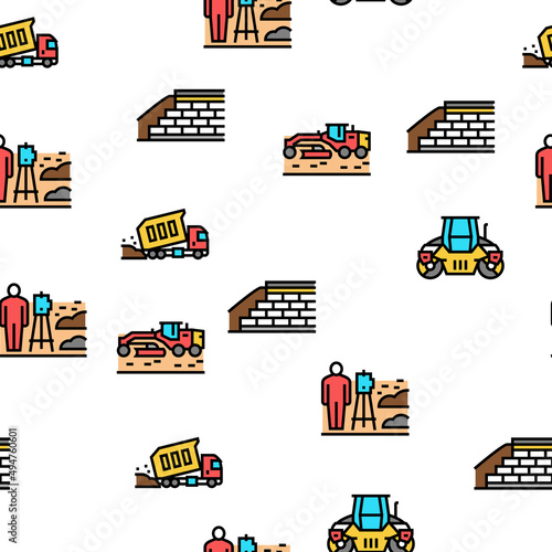 Road Construction Vector Seamless Pattern Thin Line Illustration