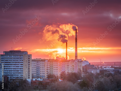 Tychy Poland Industrial Building with a sunrise steam power plant