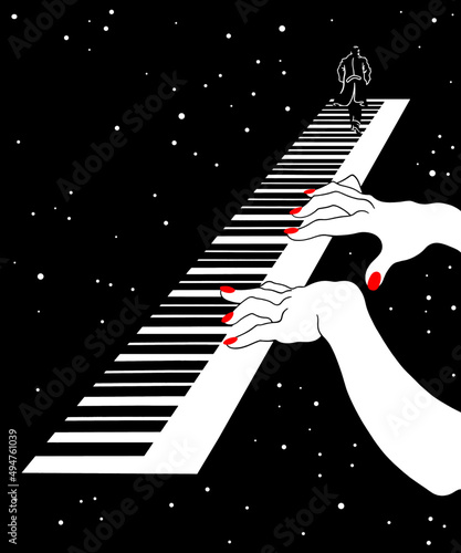Female hands on the piano keys. A metaphor. Space. Male silhouette.
