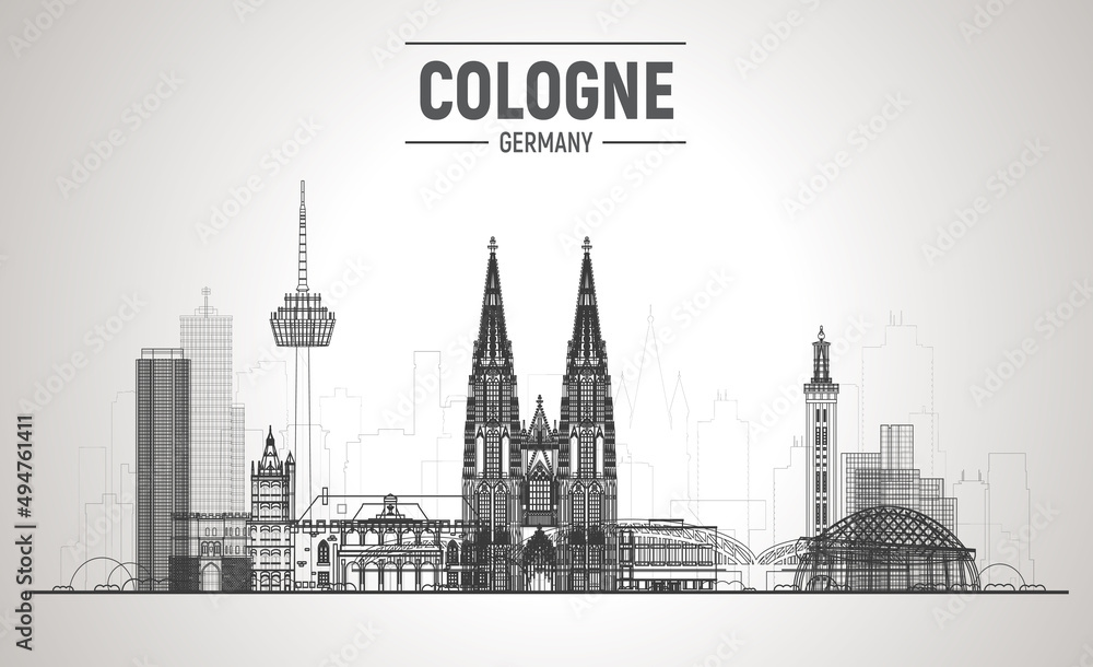 Cologne ( Germany ) city silhouette skyline with panorama on white background. Vector Illustration. Business travel and tourism concept with old buildings. Image for presentation, banner, web site.