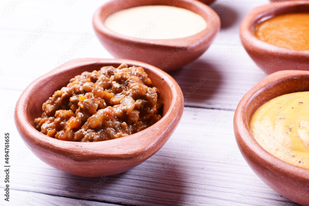 Mix of exotic and colorful sauces, various tropical flavors of the Colombian Pacific Mix of exotic and colorful sauces, various tropical flavors of the Colombian Pacific