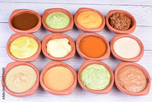 Mix of exotic and colorful sauces, various tropical flavors of the Colombian Pacific