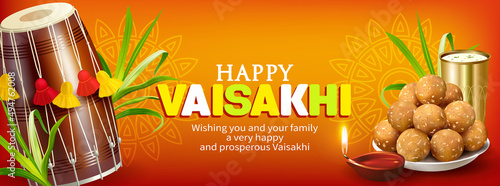 Greeting banner with dhol (drum) and traditional sweets laddu for Punjabi festival Vaisakhi (Baisakhi). Vector illustration.