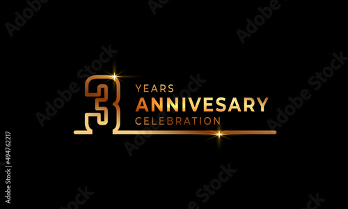 3 Year Anniversary Celebration Logotype with Golden Colored Font Numbers Made of One Connected Line for Celebration Event, Wedding, Greeting card, and Invitation Isolated on Dark Background