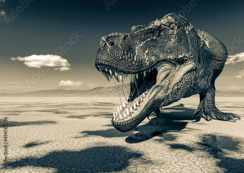 tyrannosaurus rex is drinking water on desert with copy space © DM7