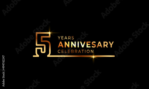 5 Year Anniversary Celebration Logotype with Golden Colored Font Numbers Made of One Connected Line for Celebration Event, Wedding, Greeting card, and Invitation Isolated on Dark Background