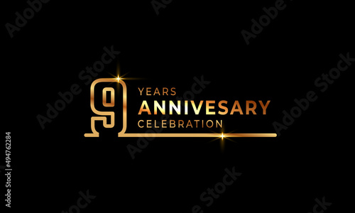 9 Year Anniversary Celebration Logotype with Golden Colored Font Numbers Made of One Connected Line for Celebration Event, Wedding, Greeting card, and Invitation Isolated on Dark Background