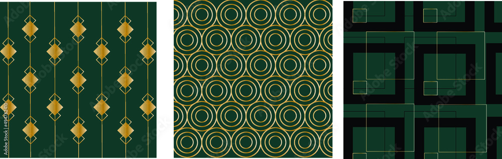 Set of modern patterns in art deco style. Green, black and gold colors. Use in web design, banners, posters, backgrounds.Vector.