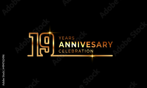 19 Year Anniversary Celebration Logotype with Golden Colored Font Numbers Made of One Connected Line for Celebration Event, Wedding, Greeting card, and Invitation Isolated on Dark Background
