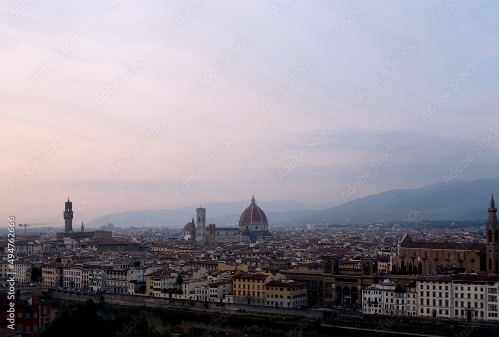 An overlook of the city centre of Florence during sunset
