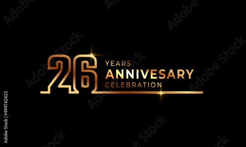 26 Year Anniversary Celebration Logotype with Golden Colored Font Numbers Made of One Connected Line for Celebration Event  Wedding  Greeting card  and Invitation Isolated on Dark Background