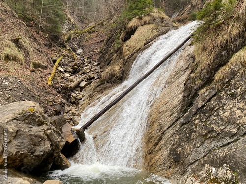 Waterfall at Schrähbach (Schraehbach) or Schrähbachfall (Schraehbachfall) waterfall near alpine Lake Wägitalersee (Waegitalersee), Innerthal - Canton of Schwyz, Switzerland (Schweiz) photo