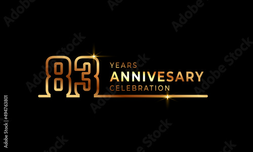 83 Year Anniversary Celebration Logotype with Golden Colored Font Numbers Made of One Connected Line for Celebration Event, Wedding, Greeting card, and Invitation Isolated on Dark Background