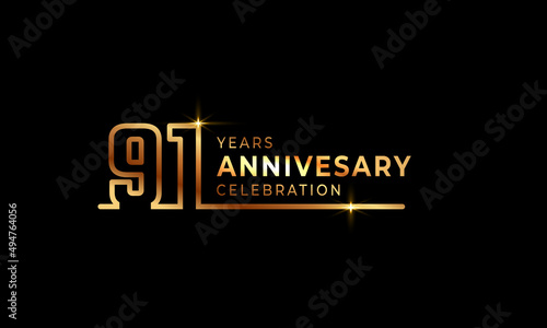 91 Year Anniversary Celebration Logotype with Golden Colored Font Numbers Made of One Connected Line for Celebration Event  Wedding  Greeting card  and Invitation Isolated on Dark Background
