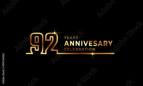 92 Year Anniversary Celebration Logotype with Golden Colored Font Numbers Made of One Connected Line for Celebration Event  Wedding  Greeting card  and Invitation Isolated on Dark Background