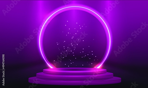 Fantastic modern futuristic neon blue circle, portal in smoke. Stage for product light platform. Circle vector HUD, GUI, UI interface screen design. Magic circle teleport podium. Sci-fi digital hi-tec