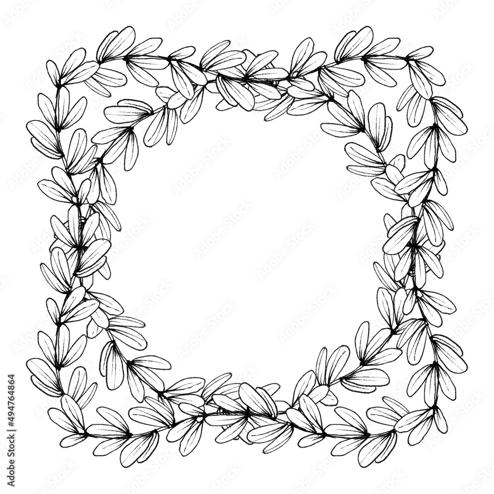 A botanical frame made of a combination of round and square arrangement of branches with leaves. Laconic pattern in a linear style. Live drawing. For the design of printed products. A botanical frame made of a combination of round and square arrangement of branches with leaves. Laconic pattern in a linear style. Live drawing. For the design of printed products.