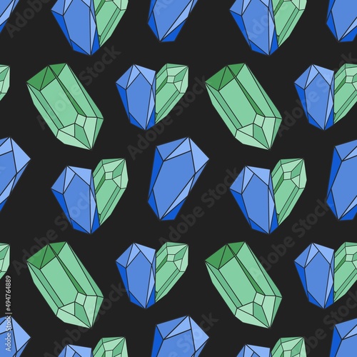 Colorful seamless pattern with hand drawn crystals and gems in blue and green tones. Vector illustration, flat design, cartoon.