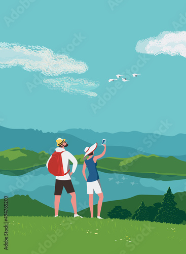 Tourist Couple enjoy Mountain Lake Landscape. Tourist Travel Adventure Concept. Mounts Nature Scenic View Background. Discovery, Journey Outdoor Activity Banner Template Flat Color Vector Illustration