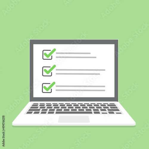 Laptop with online checklist in a flat design. Vector
