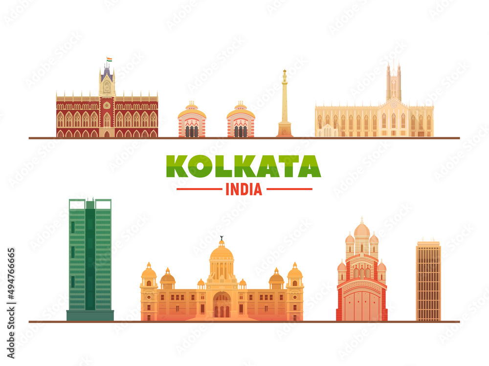 Kolkata ( Calcuta ) India landmarks at white background. Vector Illustration. Business travel and tourism concept with modern buildings. Image for banner or web site.