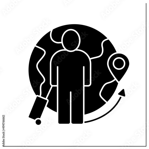 Migrant glyph icon. Person who moves from one place to another.Find work or better living conditions.Migration concept.Filled flat sign. Isolated silhouette vector illustration photo