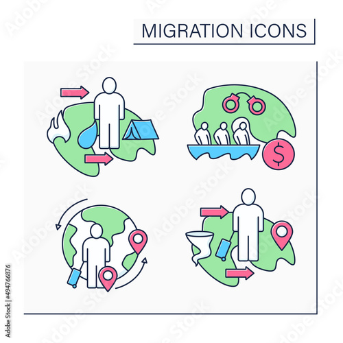Migration color icons set. Climate, circular migration, refugee, migrants smuggling. Relocation concept. Isolated vector illustrations