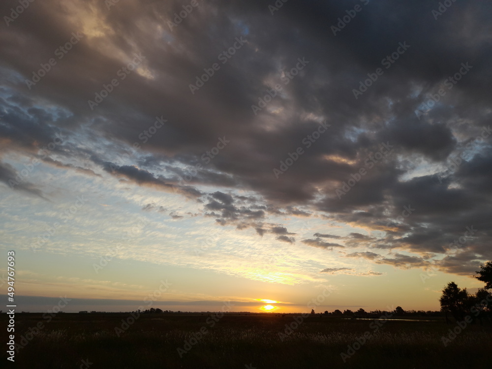 Atardecer con puesta de sol naranja con nubes cùmulo de tormenta en el campo rural con siluetas de hierbas y àrboles, forma un tranquilo diseño natural con fondo del horizonte y cielo azul Atardecer con puesta de sol naranja con nubes cùmulo de tormenta en el campo rural con siluetas de hierbas y àrboles, forma un tranquilo diseño natural con fondo del horizonte y cielo azul