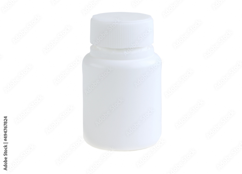 A white medecine jar for pills isolated on a white backgroun.Copy space. Place for text A white medecine jar for pills isolated on a white backgroun.Copy space. Place for text