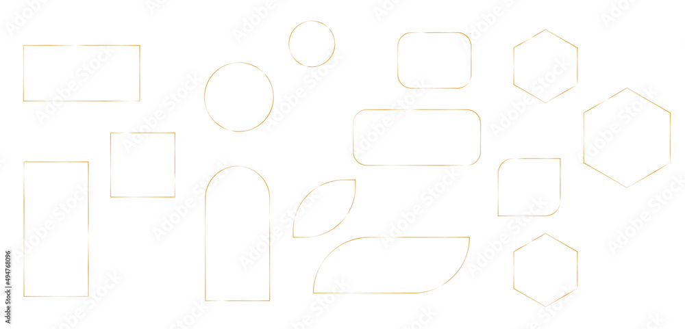 Set of geometrical golden frames of different shapes, isolated on white background. Gold color gradient square, circle, honeycomb for design invitation.