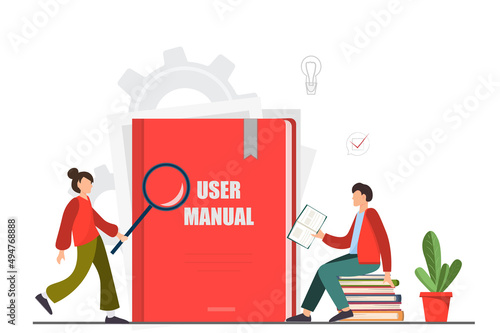 A tiny man and woman standing near user manual book, guide instruction or textbooks with magnifying glass, specifications user guidance document, flat vector illustration