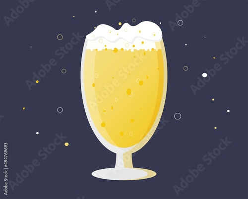 Glass beer mug with light wheat beer. Foam and bubbles overflow over the edge. Vector simple cartoon illustration for Oktoberfest design, bar, pub, restaurant, festival, badges, design, stickers.