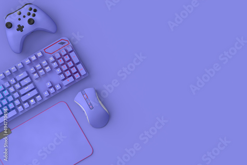 Bilde på lerret Top view of gamer workspace and gear like mouse, keyboard, joystick