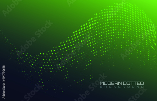 Green dots on gradient background. Curved shape, reticulated or dotted texture. Dotted template for ​technology and business concept.