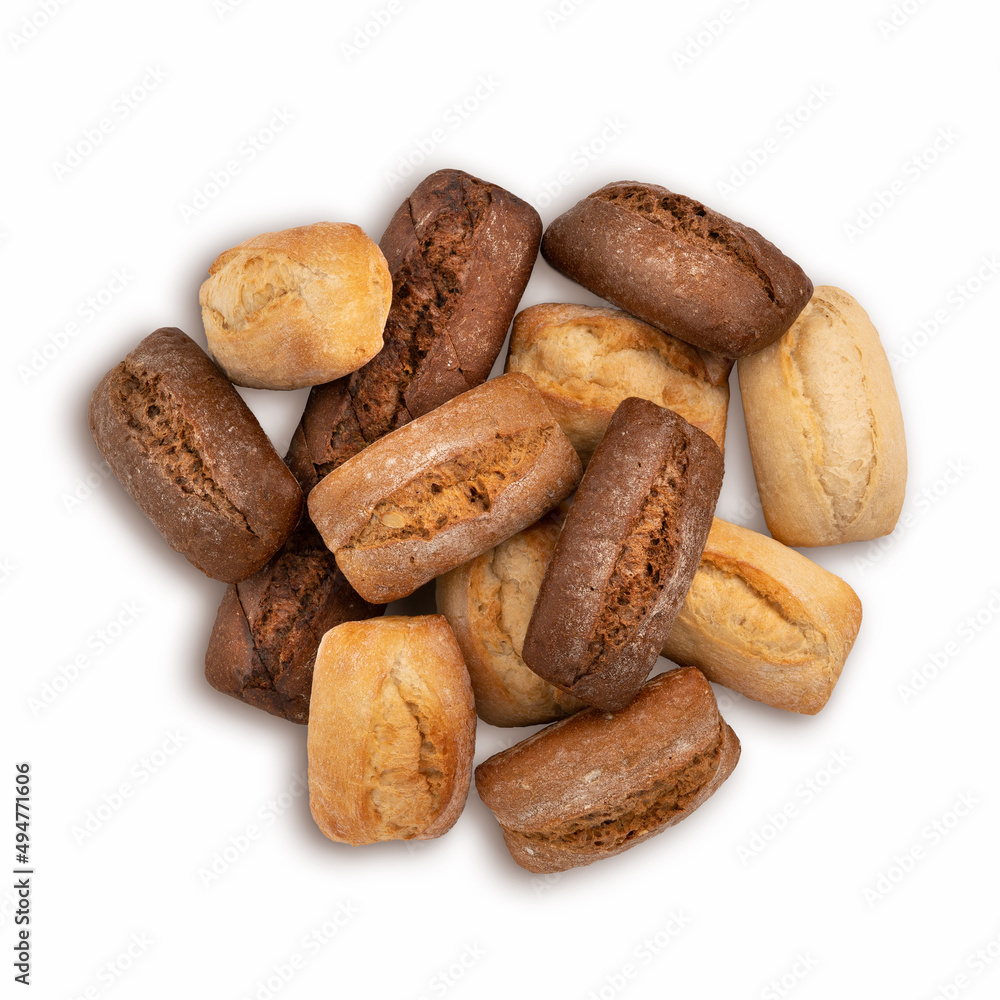 Above view of freshly baked wheat and rye buns and bread isolated on a white background Above view of freshly baked wheat and rye buns and bread isolated on a white background