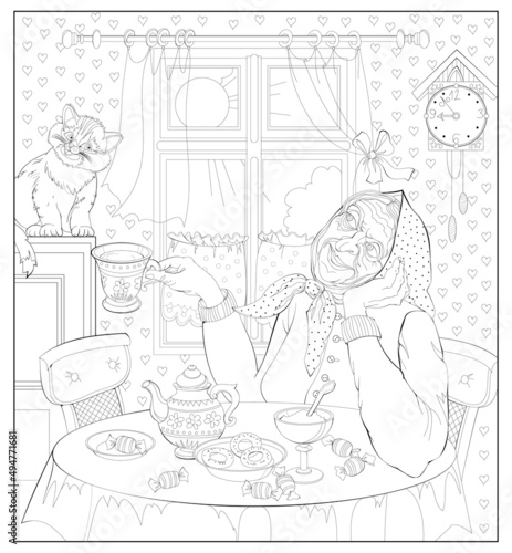 Old sweet granny drinks tea and looks out window at spring. Coloring book for children and adults. Illustration in zen-tangle style. Printable page for drawing and meditation. Black and white vector.