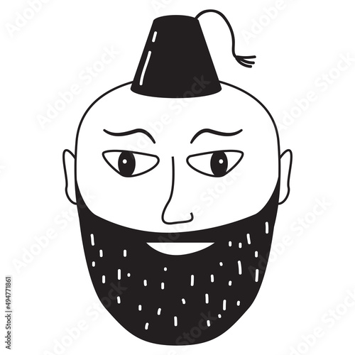 Doodle cute face.Hand-drawn line people. Man face in a fez.Isolated on white background. Outline vector illustration.