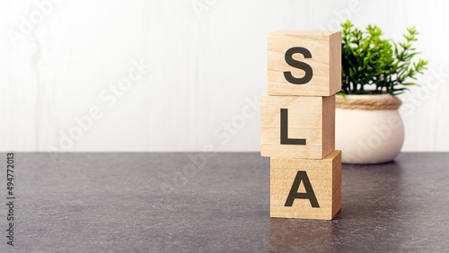 letters of the alphabet of SLA on wooden cubes, green plant, white background photo