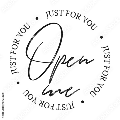 open me Calligraphic Cursive Typographic Text on White Background. OPEN ME stamp. Graphic elements are rounded rectangles, rosettes, circles and text