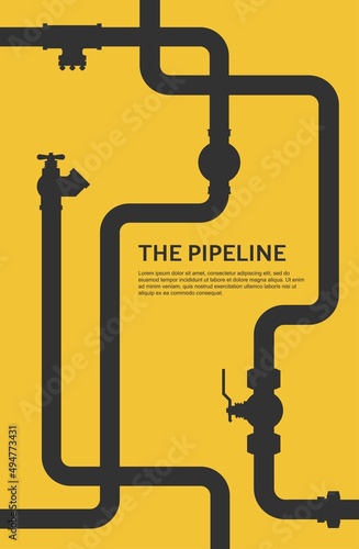 Web banner template. Industrial background with yellow pipeline. Oil, water or gas pipeline with fittings