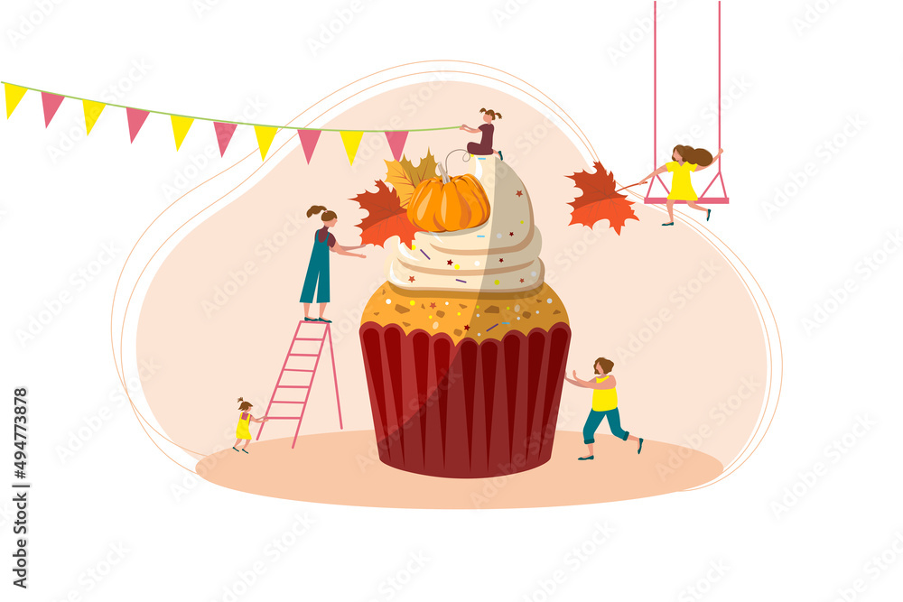 Bakery and Sweet Food Concept. Women decorate muffins, cupcakes. Autumn holiday decor. Culinary background, postcard for cafe