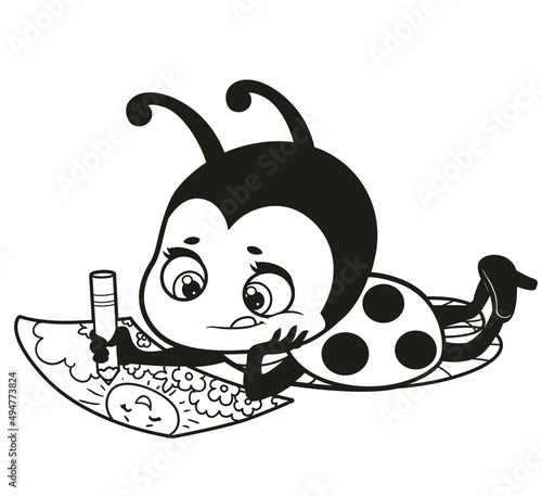 Cartoon cute ladybug draw illustration outlined for coloring page on white background